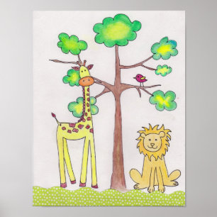 Cute giraffe lion illustration nursery art poster