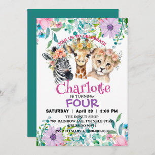 Cute giraffe Lion jungle Animals Birthday Floral Invitation