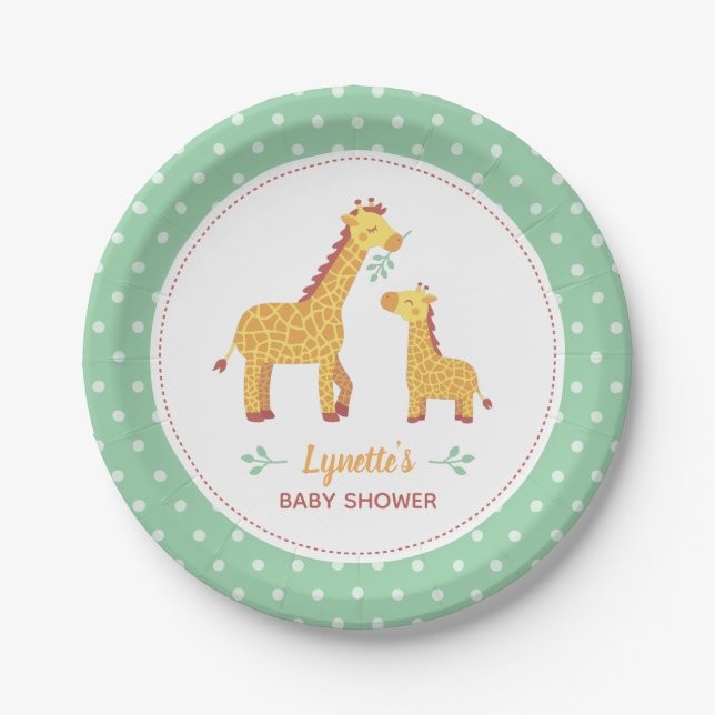 Cute Giraffe Mom and Baby Shower Party Supplies Paper Plate (Front)