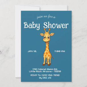 Cute Giraffe on Jelly Bean Blue Colour Baby Shower Invitation