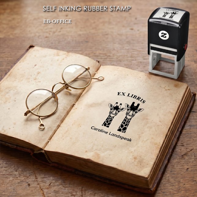 Cute Giraffe Pair Ex Libris Safari Bookplate  Self-inking Stamp (Self-inking Giraffes Stamp (1.5”x1.5”). Choose your ink color.)
