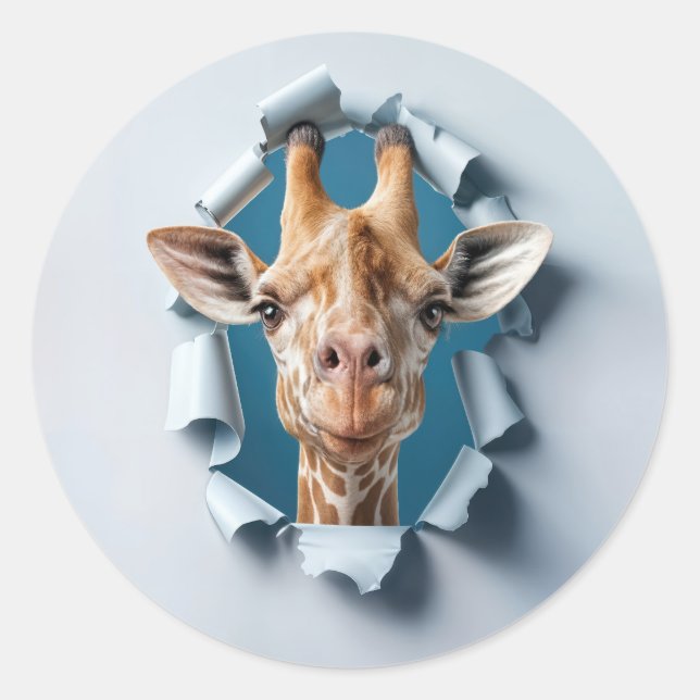 Cute Giraffe Peeking Through a Paper Hole Classic Round Sticker (Front)