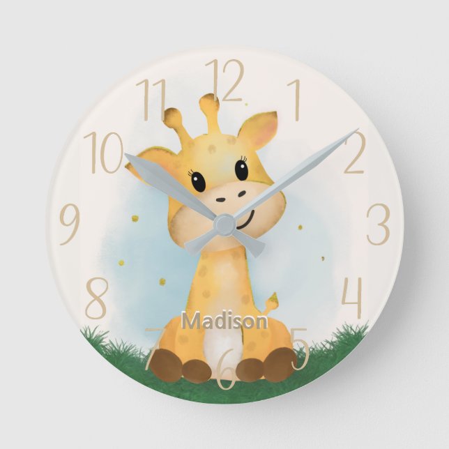 Cute Giraffe Personalized Gender Neutral  Round Clock (Front)