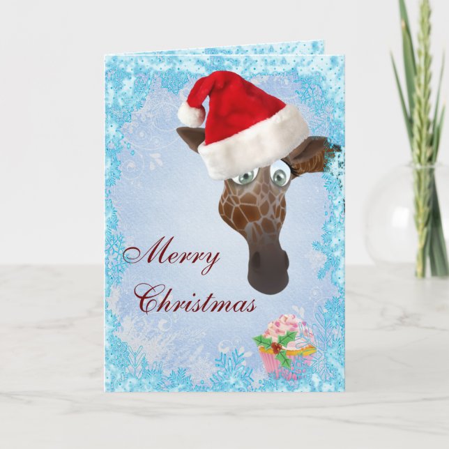 Cute Giraffe & Pink Cupcake Christmas Card (Front)