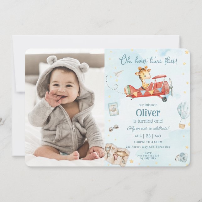 Cute Giraffe Plane Flies Adventure Birthday Photo Invitation (Front)