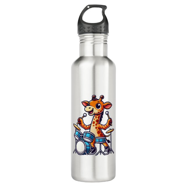 Cute Giraffe Playing Drums Giraffes Drummer Music  710 Ml Water Bottle (Front)