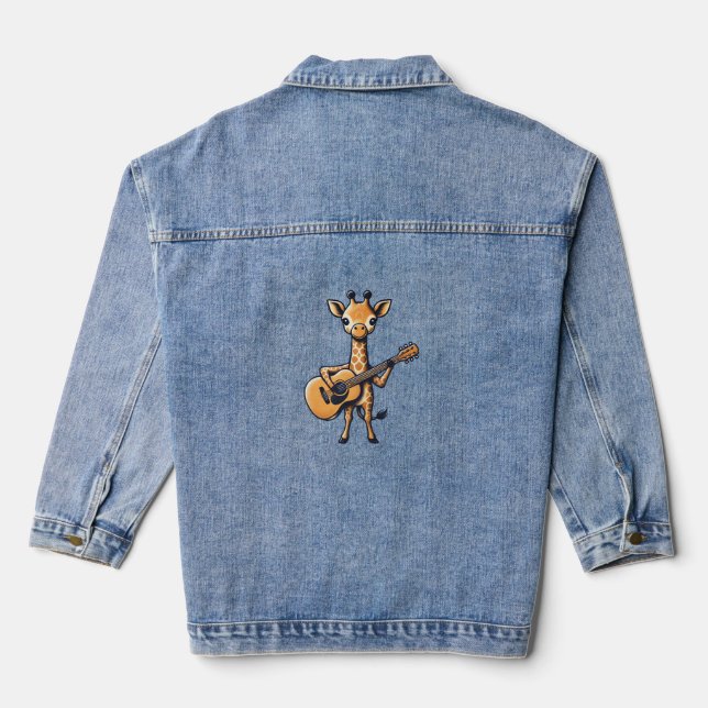 Cute Giraffe Playing Guitar Giraffes Musician Musi Denim Jacket (Back)