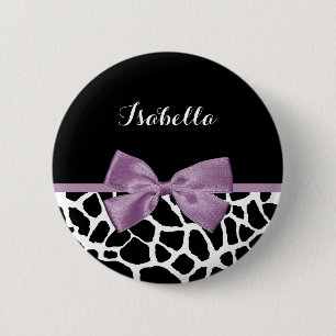 Cute Giraffe Print Lavender Purple Bow With Name 2 Inch Round Button