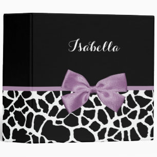 Cute Giraffe Print Lavender Purple Bow With Name Binder