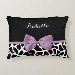 Cute Giraffe Print Lavender Purple Bow With Name Decorative Pillow
