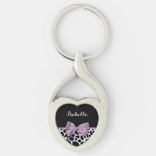 Cute Giraffe Print Lavender Purple Bow With Name Keychain