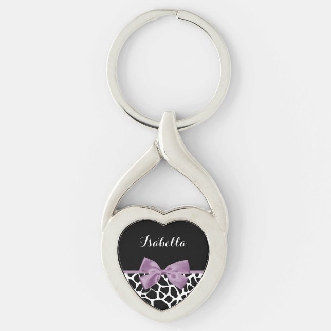 Cute Giraffe Print Lavender Purple Bow With Name Keychain (Front)