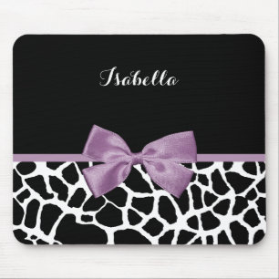 Cute Giraffe Print Lavender Purple Bow With Name Mouse Pad