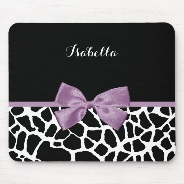 Cute Giraffe Print Lavender Purple Bow With Name Mouse Pad (Front)