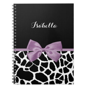 Cute Giraffe Print Lavender Purple Bow With Name Notebook