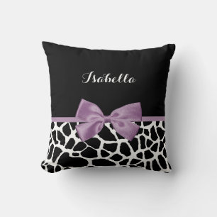 Cute Giraffe Print Lavender Purple Bow With Name Throw Pillow