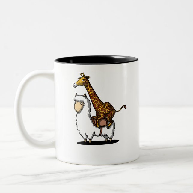 Cute Giraffe Riding Llama Alpaca Funny Animals Two-Tone Coffee Mug (Left)