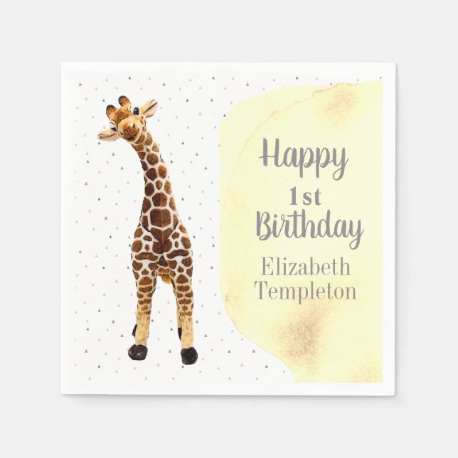 Cute Giraffe Safari Wild Yellow 1st Birthday Party Napkin (Front)