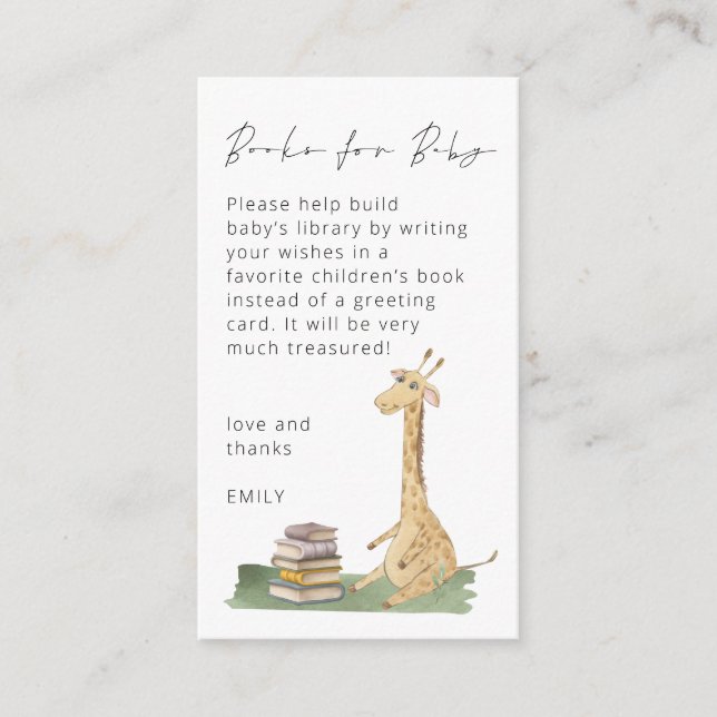 Cute Giraffe Script Books for Baby Shower Enclosure Card (Front)