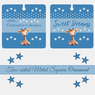 Cute giraffe shhh add name is sleeping blue metal ornament