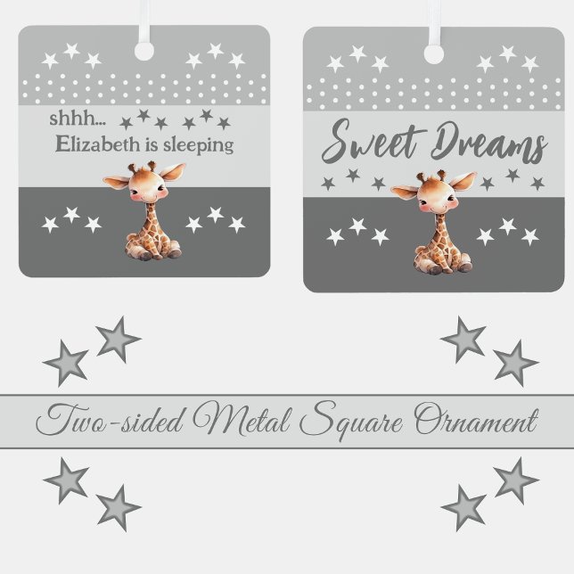 Cute giraffe shhh add name is sleeping grey metal ornament (Creator Uploaded)