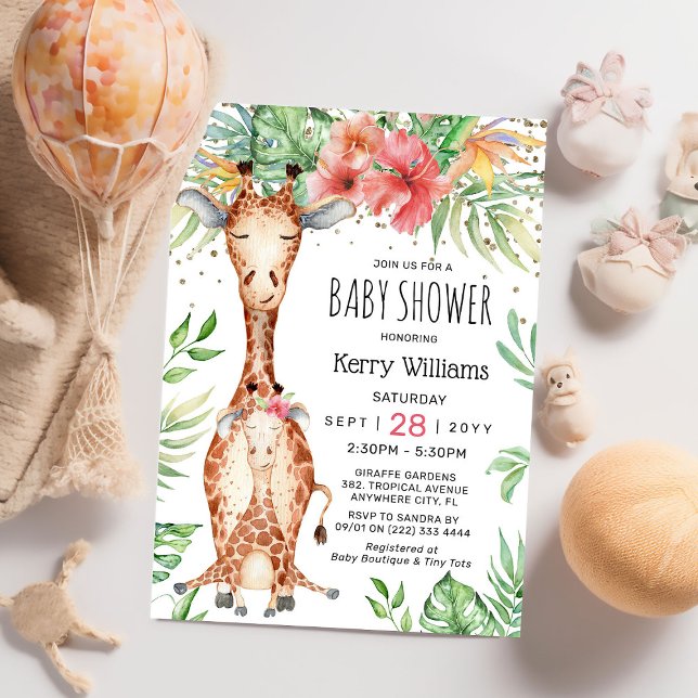Cute Giraffe & Tropical Greenery Girl Baby Shower  Invitation (Creator Uploaded)