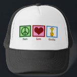 Cute Giraffe Trucker Hat<br><div class="desc">Peace Love Giraffes gift. Pretty green peace sign, red heart, and cartoon giraffe.</div>