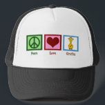 Cute Giraffe Trucker Hat<br><div class="desc">Peace Love Giraffes gift. Pretty green peace sign,  red heart,  and cartoon giraffe.</div>