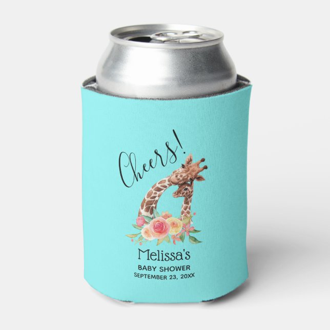 Cute Giraffe Watercolor Mom & Babe Baby Shower Can Cooler (Can Front)