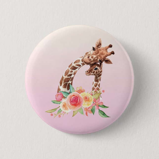 Cute Giraffe Watercolor Mom & Baby 2 Inch Round Button (Front)