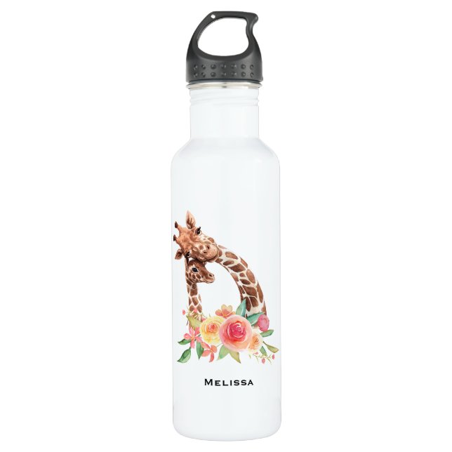 Cute Giraffe Watercolor Mom & Baby 710 Ml Water Bottle (Front)