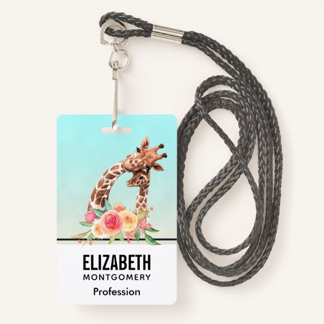 Cute Giraffe Watercolor Mom & Baby Badge (Front with Lanyard)