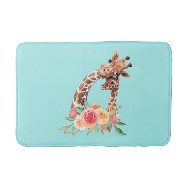 Cute Giraffe Watercolor Mom & Baby Bath Mat (Front)