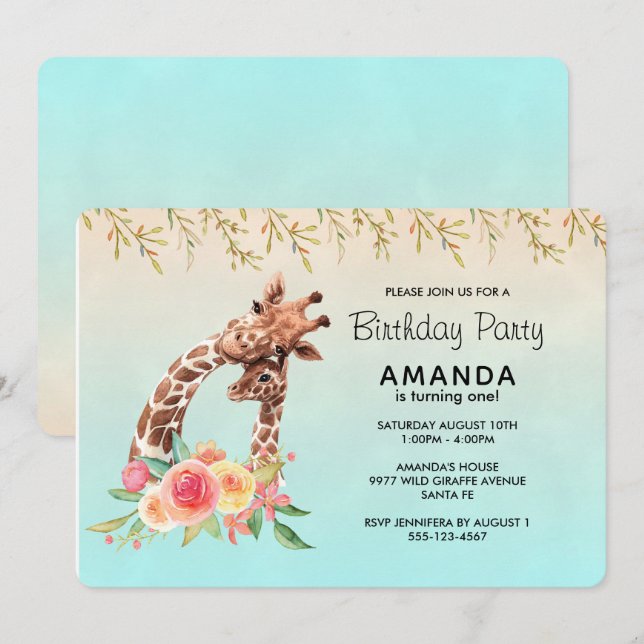 Cute Giraffe Watercolor Mom & Baby Birthday Invitation (Front/Back)