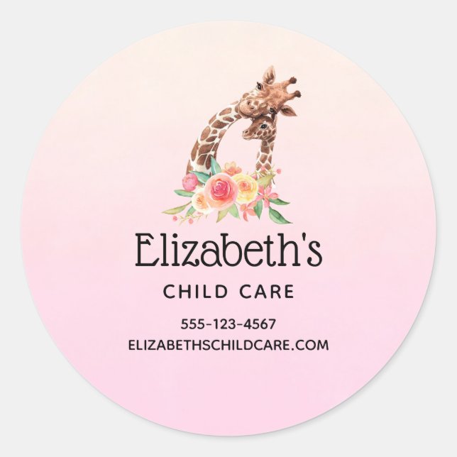 Cute Giraffe Watercolor Mom & Baby Business Classic Round Sticker (Front)