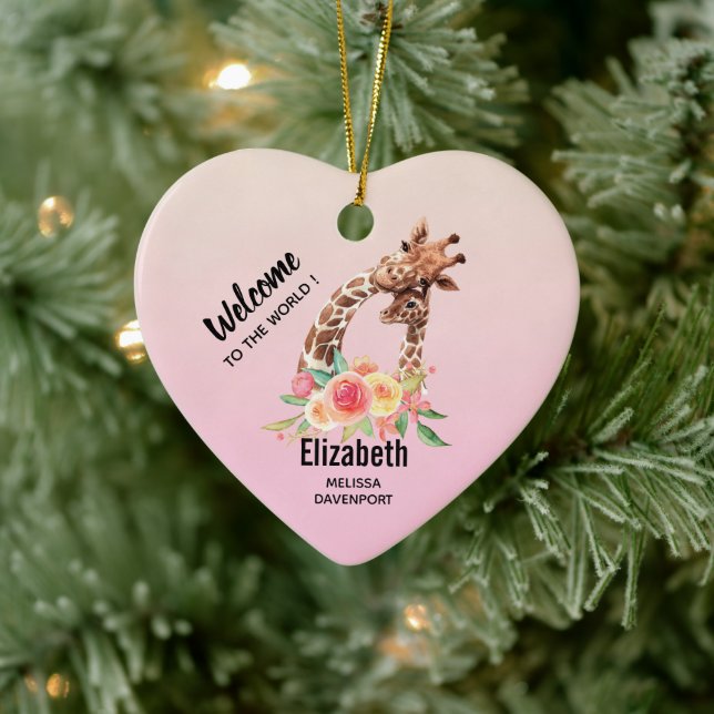 Cute Giraffe Watercolor Mom & Baby Ceramic Ornament (Tree)