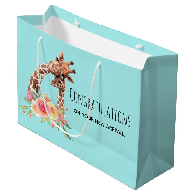 Cute Giraffe Watercolor Mom & Baby Congratulations Large Gift Bag (Front Angled)