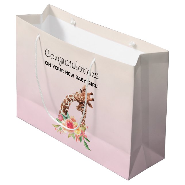 Cute Giraffe Watercolor Mom & Baby Congratulations Large Gift Bag (Front Angled)