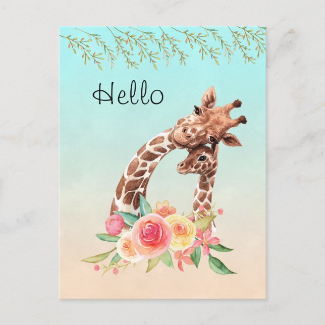 Cute Giraffe Watercolor Mom & Baby Hello Postcard (Front)