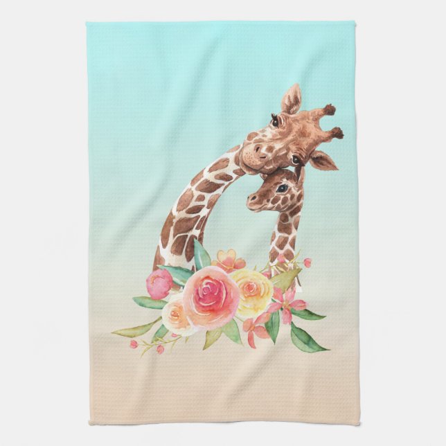 Cute Giraffe Watercolor Mom & Baby Kitchen Towel (Vertical)