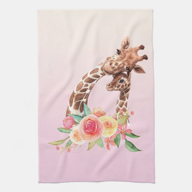 Cute Giraffe Watercolor Mom & Baby Kitchen Towel (Vertical)
