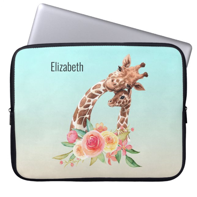 Cute Giraffe Watercolor Mom & Baby Laptop Sleeve (Front)
