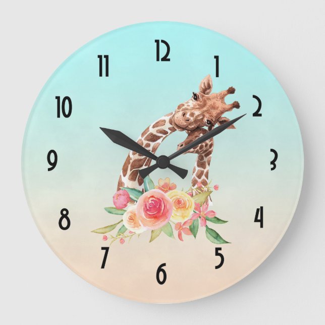 Cute Giraffe Watercolor Mom & Baby Large Clock (Front)