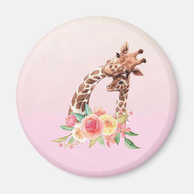 Cute Giraffe Watercolor Mom & Baby Magnet (Front)