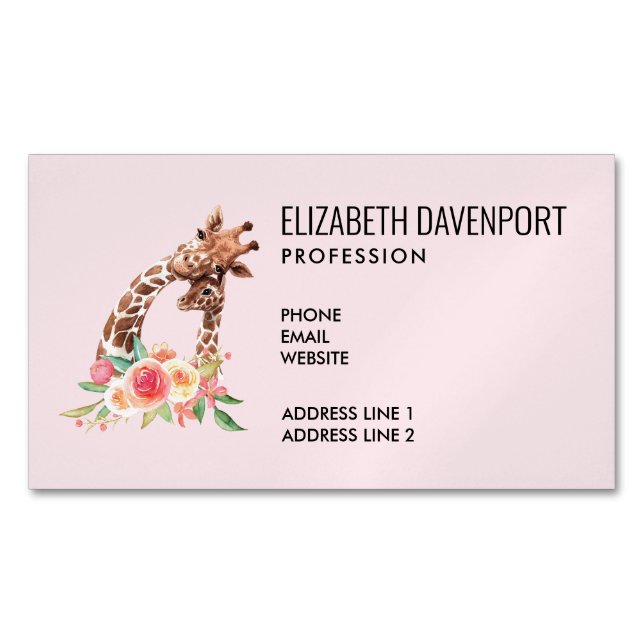 Cute Giraffe Watercolor Mom & Baby Magnetic Business Card (Front)