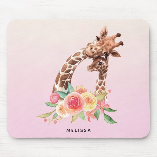 Cute Giraffe Watercolor Mom & Baby Mouse Pad (Front)