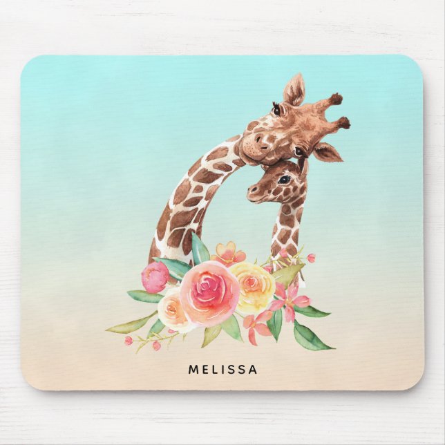 Cute Giraffe Watercolor Mom & Baby Mouse Pad (Front)