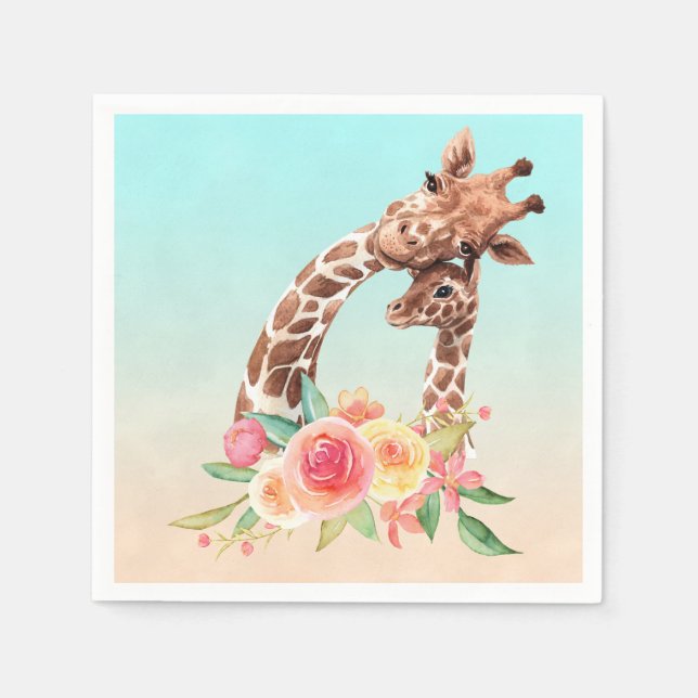 Cute Giraffe Watercolor Mom & Baby Napkin (Front)
