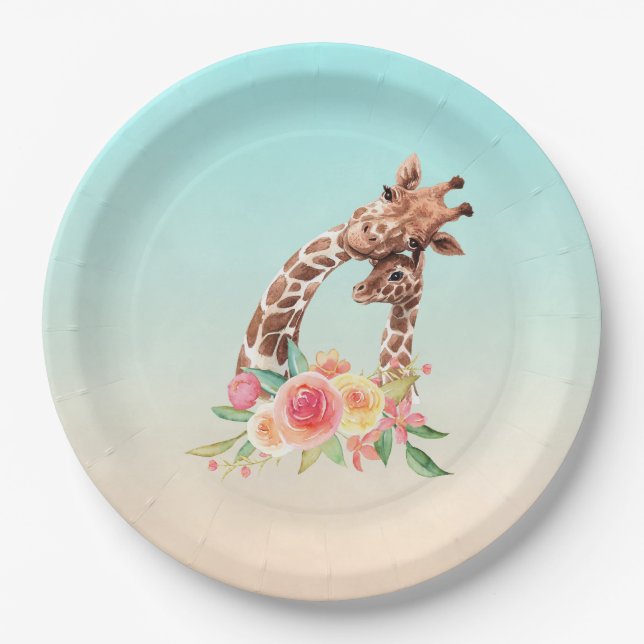 Cute Giraffe Watercolor Mom & Baby Paper Plate (Front)