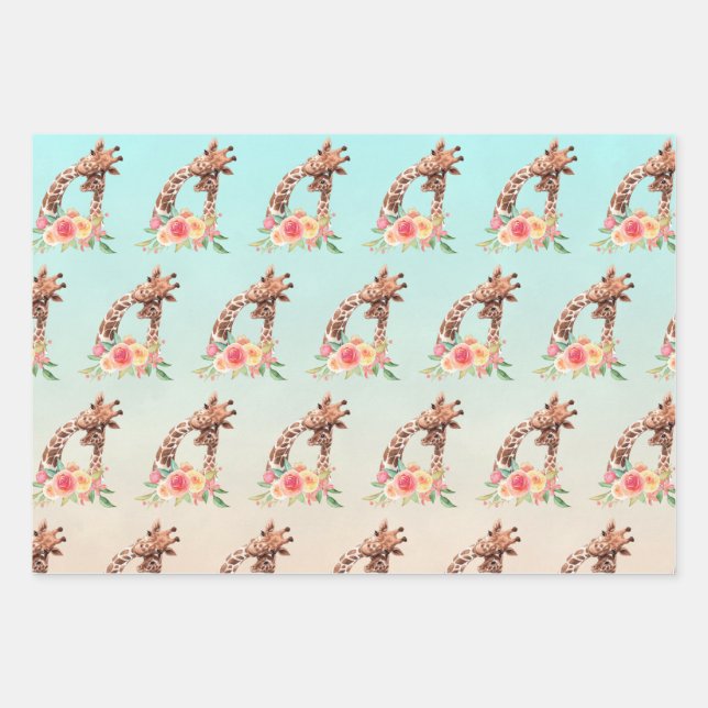 Cute Giraffe Watercolor Mom & Baby Pattern Wrapping Paper Sheet (Front)